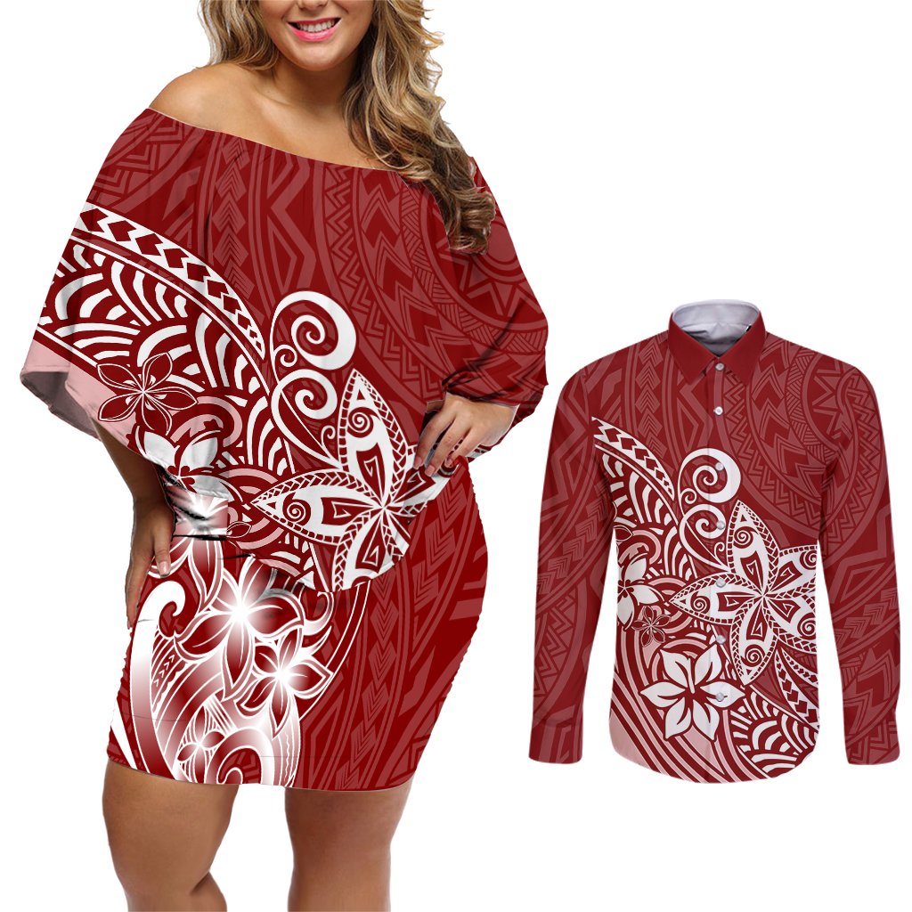 Polynesia Couples Matching Off Shoulder Short Dress and Long Sleeve Button Shirts Plumeria Red Curves LT7 Red - Polynesian Pride