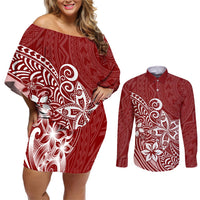 Polynesia Couples Matching Off Shoulder Short Dress and Long Sleeve Button Shirts Plumeria Red Curves LT7 Red - Polynesian Pride