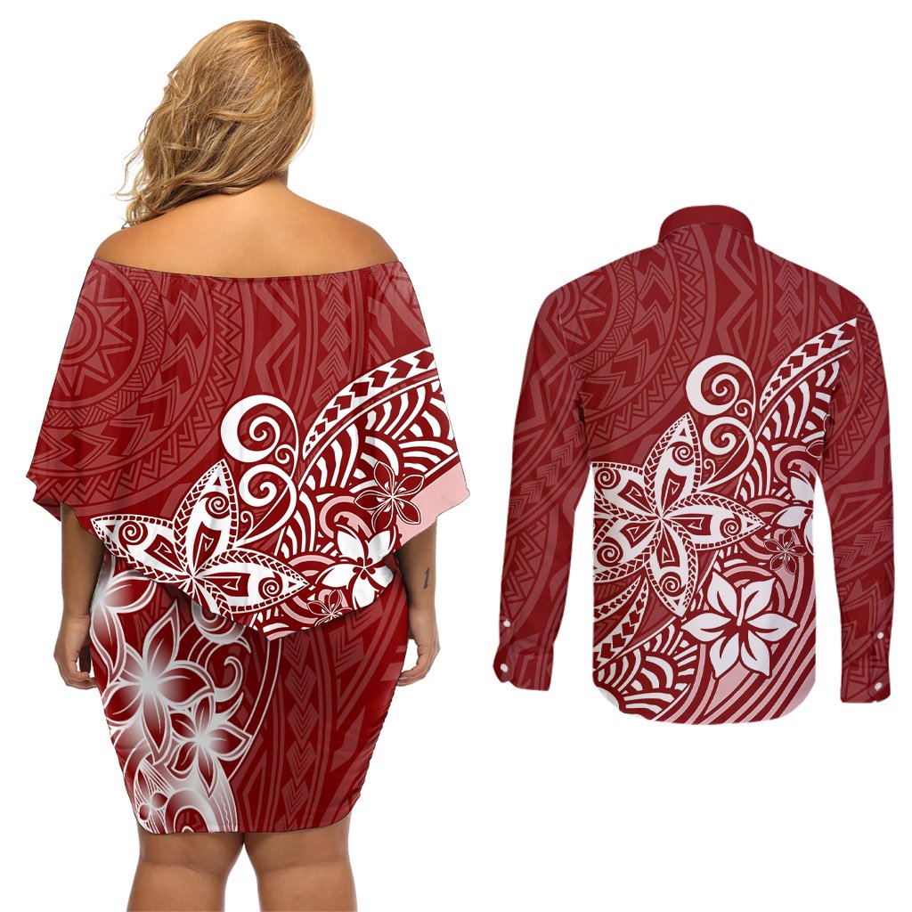 Polynesia Couples Matching Off Shoulder Short Dress and Long Sleeve Button Shirts Plumeria Red Curves LT7 - Polynesian Pride