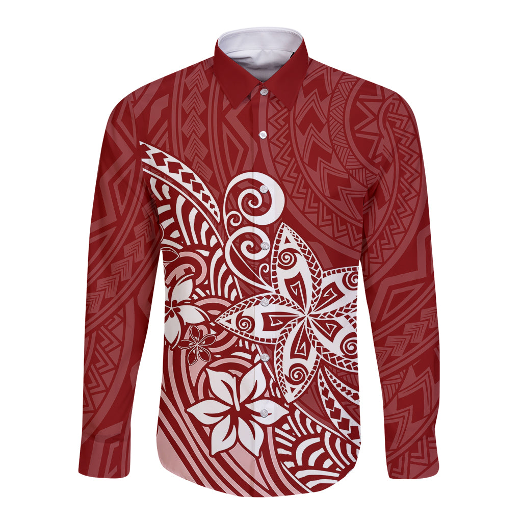 Polynesia Long Sleeve Button Shirt Plumeria Red Curves LT7 Unisex Red - Polynesian Pride