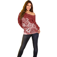 Polynesia Off Shoulder Sweater Plumeria Red Curves LT7 - Polynesian Pride