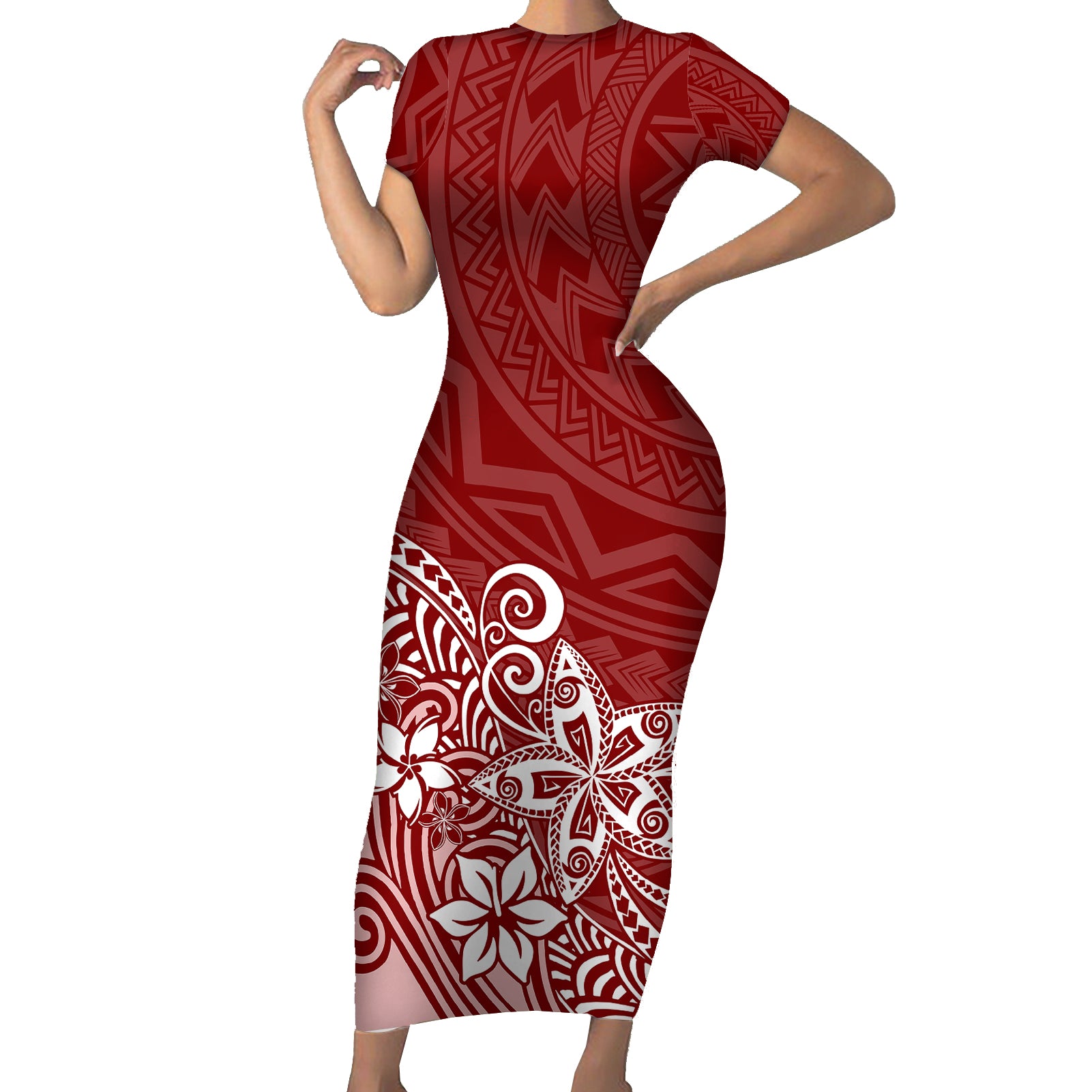 Polynesia Short Sleeve Bodycon Dress Plumeria Red Curves LT7 Long Dress Red - Polynesian Pride