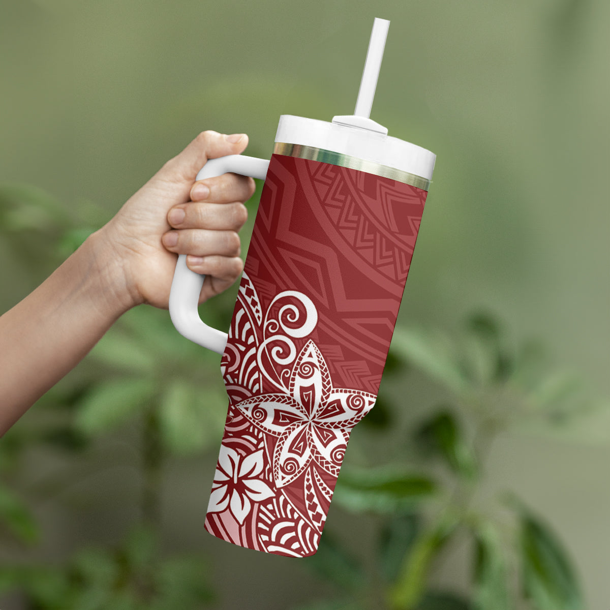 Hawaii Tumbler With Handle Plumeria Red Curves