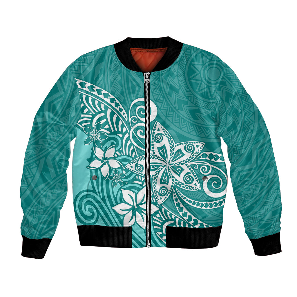Polynesia Bomber Jacket Plumeria Teal Curves LT7 Unisex Teal - Polynesian Pride