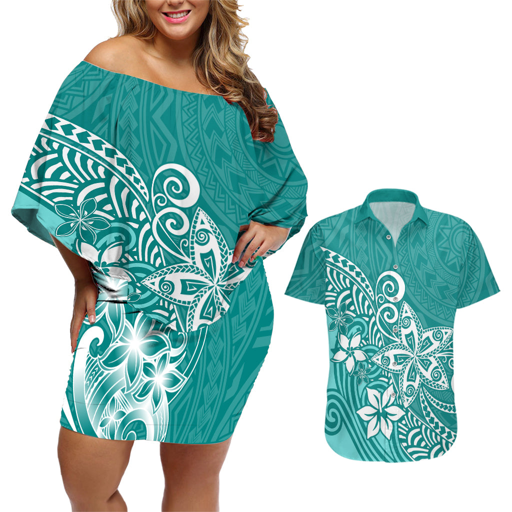 Polynesia Couples Matching Off Shoulder Short Dress and Hawaiian Shirt Plumeria Teal Curves LT7 Teal - Polynesian Pride