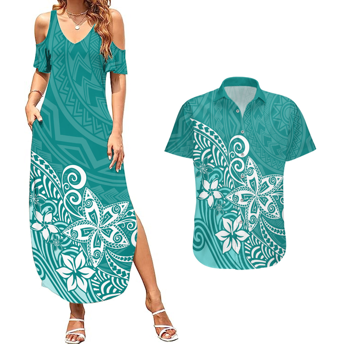 Polynesia Couples Matching Summer Maxi Dress and Hawaiian Shirt Plumeria Teal Curves LT7 Teal - Polynesian Pride