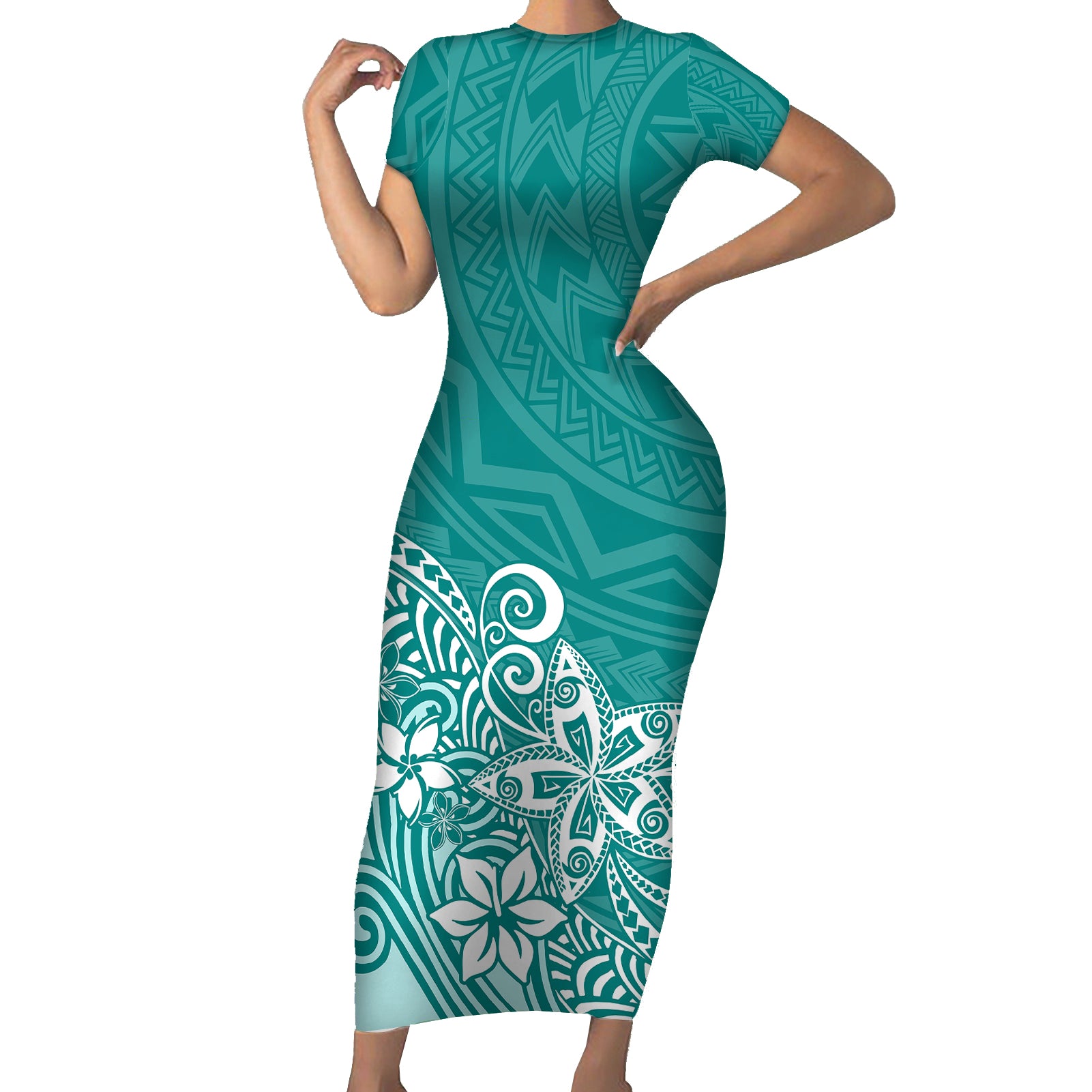Polynesia Short Sleeve Bodycon Dress Plumeria Teal Curves LT7 Long Dress Teal - Polynesian Pride