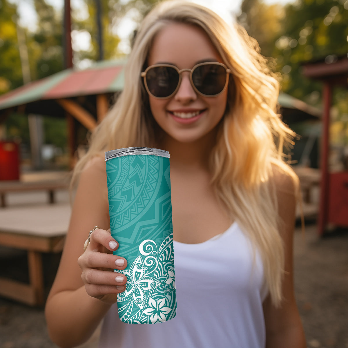 Hawaii Skinny Tumbler Plumeria Teal Curves