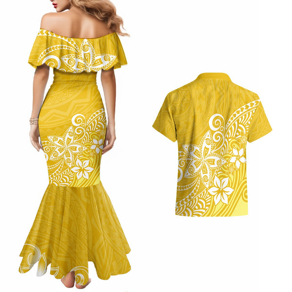 Polynesia Couples Matching Off Shoulder Short Dress and Hawaiian Shirt Plumeria Pink Gradient Curves LT7 main image 1