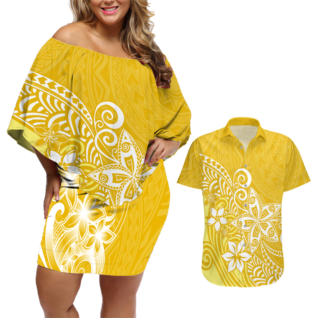 Polynesia Couples Matching Off Shoulder Short Dress and Hawaiian Shirt Plumeria Yellow Curves LT7 Yellow - Polynesian Pride