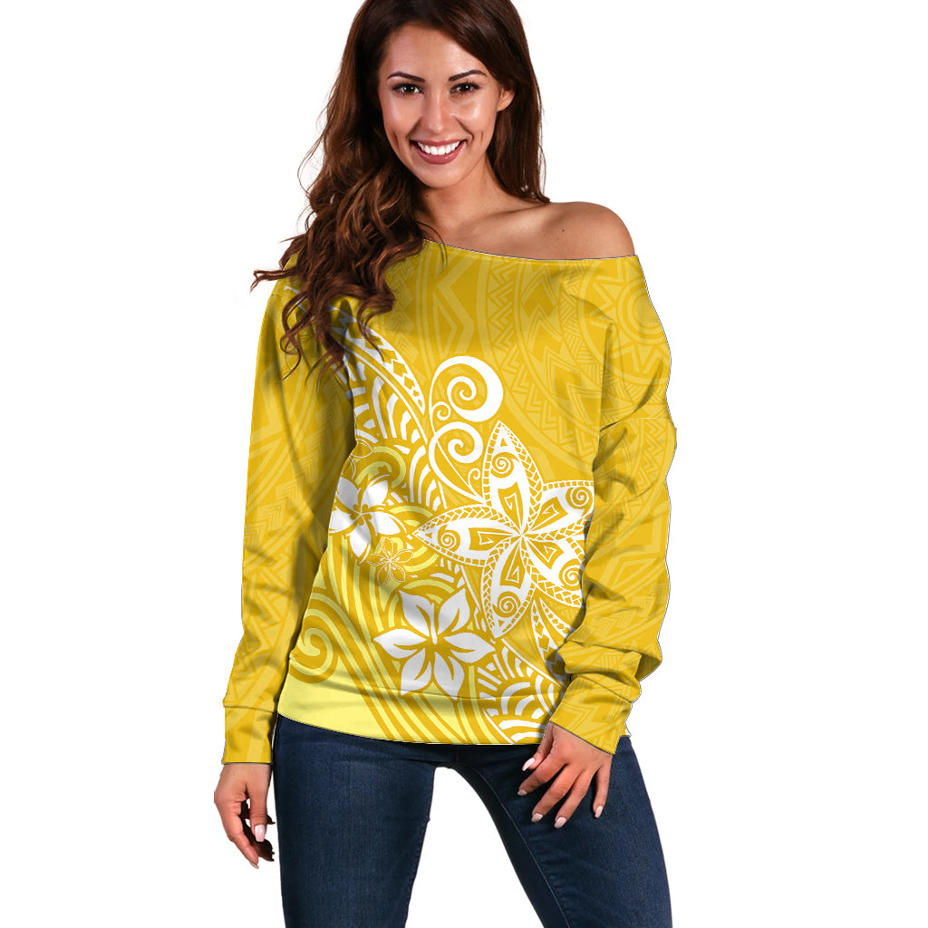 Polynesia Off Shoulder Sweater Plumeria Yellow Curves LT7 Women Yellow - Polynesian Pride