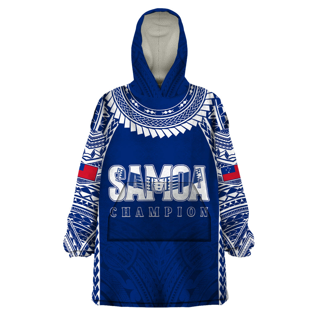 Personalised Samoa Rugby Wearable Blanket Hoodie WC 2023 Champions LT7 One Size Blue - Polynesian Pride