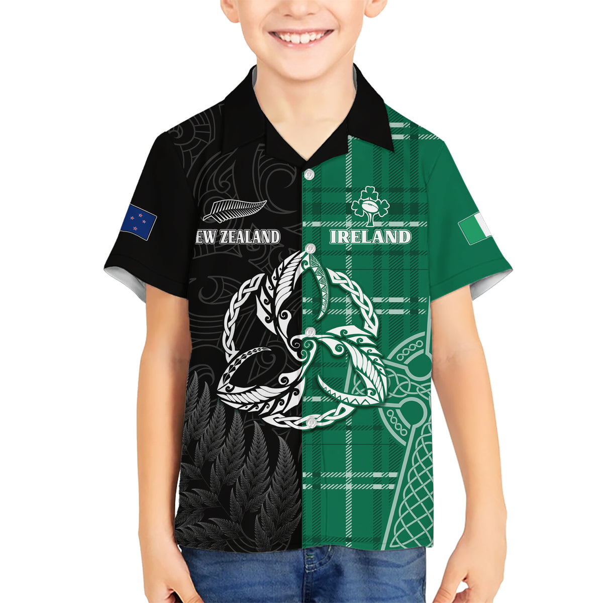 Personalised New Zealand Mix Ireland Rugby Hawaiian Shirt Celtic Knot Mix Silver Ferns LT7 - Polynesian Pride