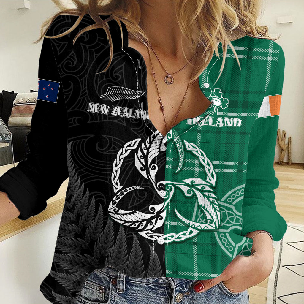 Personalised New Zealand Mix Ireland Rugby Women Casual Shirt Celtic Knot Mix Silver Ferns LT7 Female Art - Polynesian Pride