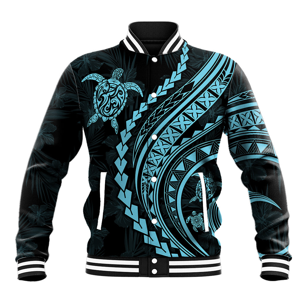 Polynesian Pride Baseball Jacket Turtle Hibiscus Luxury Style - Aquamarine LT7 Unisex Aquamarine - Polynesian Pride
