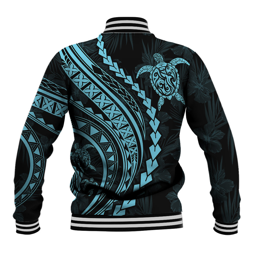 Polynesian Pride Baseball Jacket Turtle Hibiscus Luxury Style - Aquamarine LT7 - Polynesian Pride