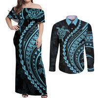 Polynesian Pride Couples Matching Off Shoulder Maxi Dress and Long Sleeve Button Shirts Turtle Hibiscus Luxury Style - Aquamarine LT7 Aquamarine - Polynesian Pride