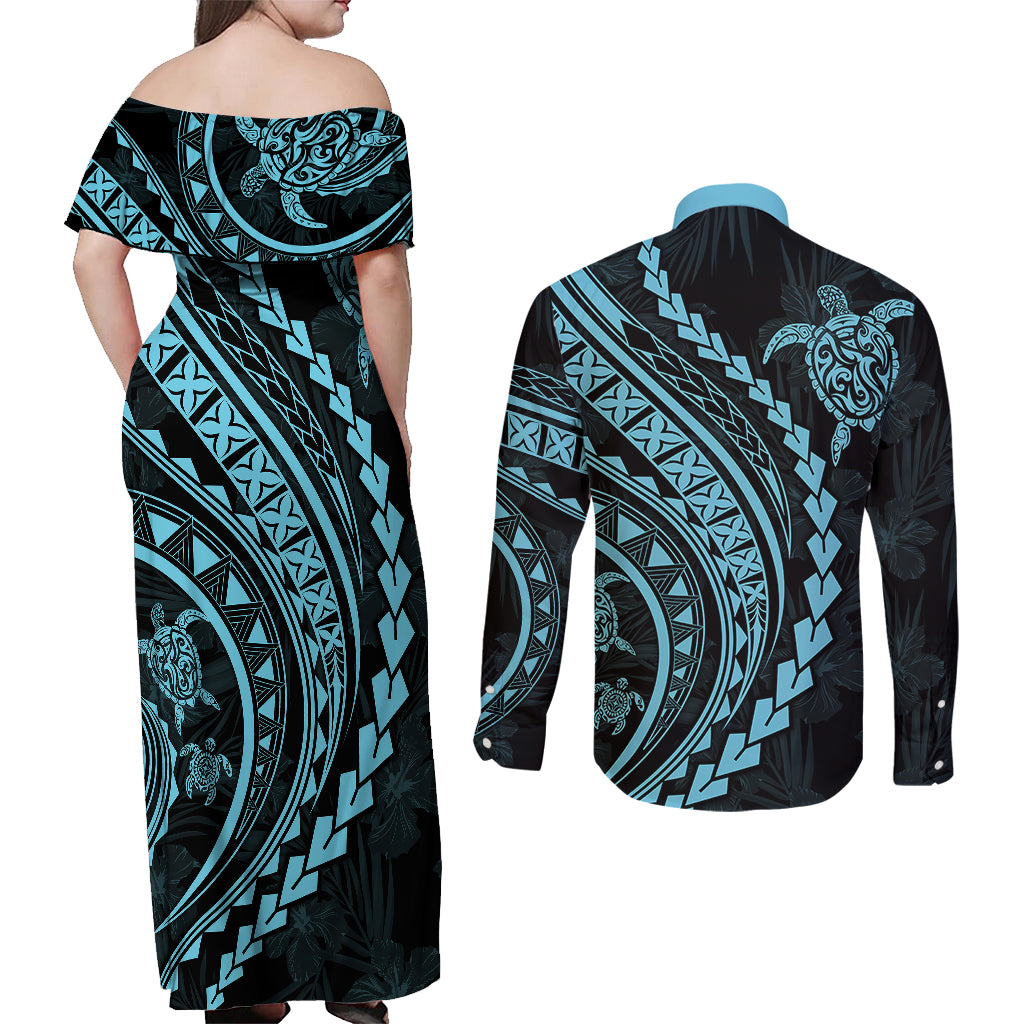 Polynesian Pride Couples Matching Off Shoulder Maxi Dress and Long Sleeve Button Shirts Turtle Hibiscus Luxury Style - Aquamarine LT7 - Polynesian Pride