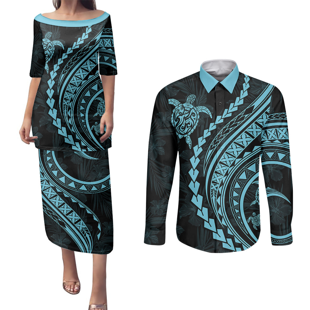 Polynesian Pride Couples Matching Puletasi Dress and Long Sleeve Button Shirts Turtle Hibiscus Luxury Style - Aquamarine LT7 Aquamarine - Polynesian Pride