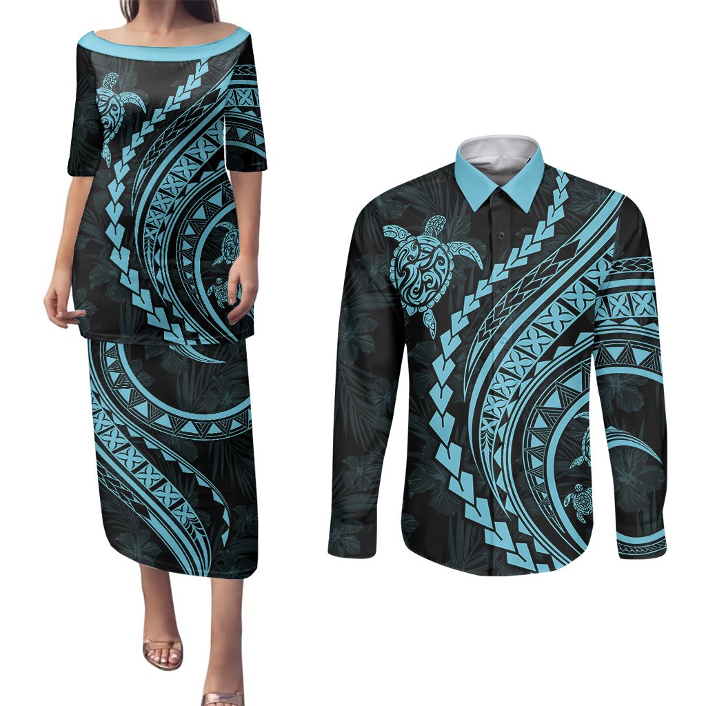 Polynesian Pride Couples Matching Puletasi Dress and Long Sleeve Button Shirts Turtle Hibiscus Luxury Style - Aquamarine LT7 Aquamarine - Polynesian Pride