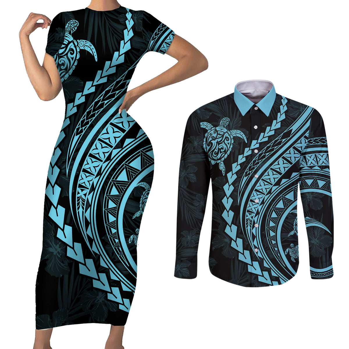 Polynesian Pride Couples Matching Short Sleeve Bodycon Dress and Long Sleeve Button Shirts Turtle Hibiscus Luxury Style - Aquamarine LT7 Aquamarine - Polynesian Pride