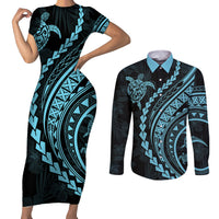Polynesian Pride Couples Matching Short Sleeve Bodycon Dress and Long Sleeve Button Shirts Turtle Hibiscus Luxury Style - Aquamarine LT7 Aquamarine - Polynesian Pride