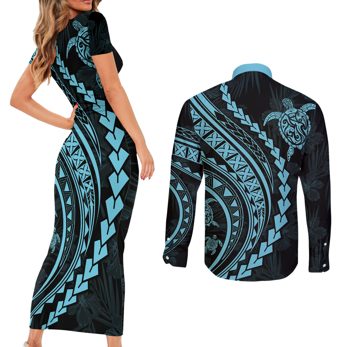 Polynesian Pride Couples Matching Short Sleeve Bodycon Dress and Long Sleeve Button Shirts Turtle Hibiscus Luxury Style - Aquamarine LT7 - Polynesian Pride