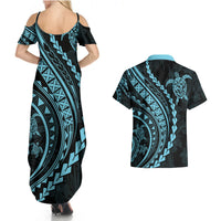 Polynesian Pride Couples Matching Summer Maxi Dress and Hawaiian Shirt Turtle Hibiscus Luxury Style - Aquamarine LT7 - Polynesian Pride