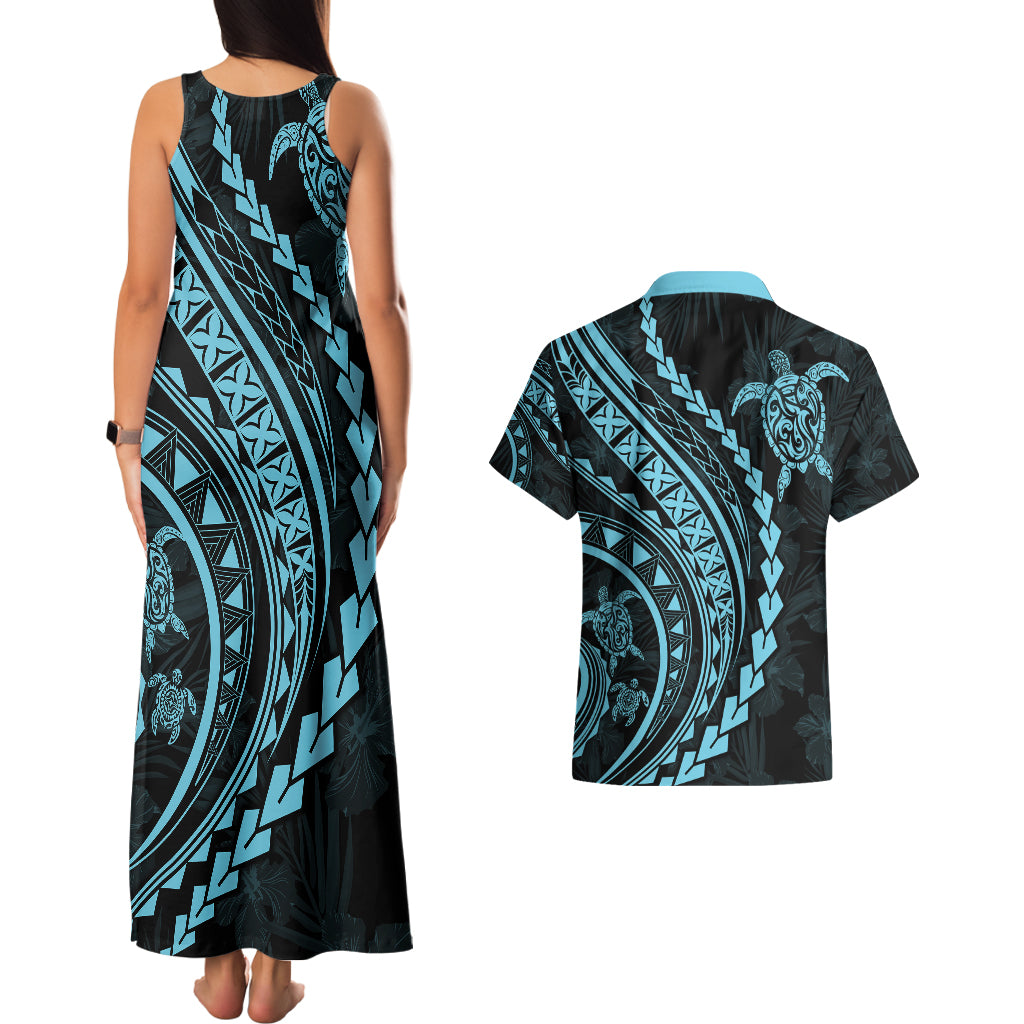 Polynesian Pride Couples Matching Tank Maxi Dress and Hawaiian Shirt Turtle Hibiscus Luxury Style - Aquamarine LT7 - Polynesian Pride