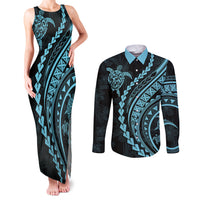 Polynesian Pride Couples Matching Tank Maxi Dress and Long Sleeve Button Shirts Turtle Hibiscus Luxury Style - Aquamarine LT7 Aquamarine - Polynesian Pride