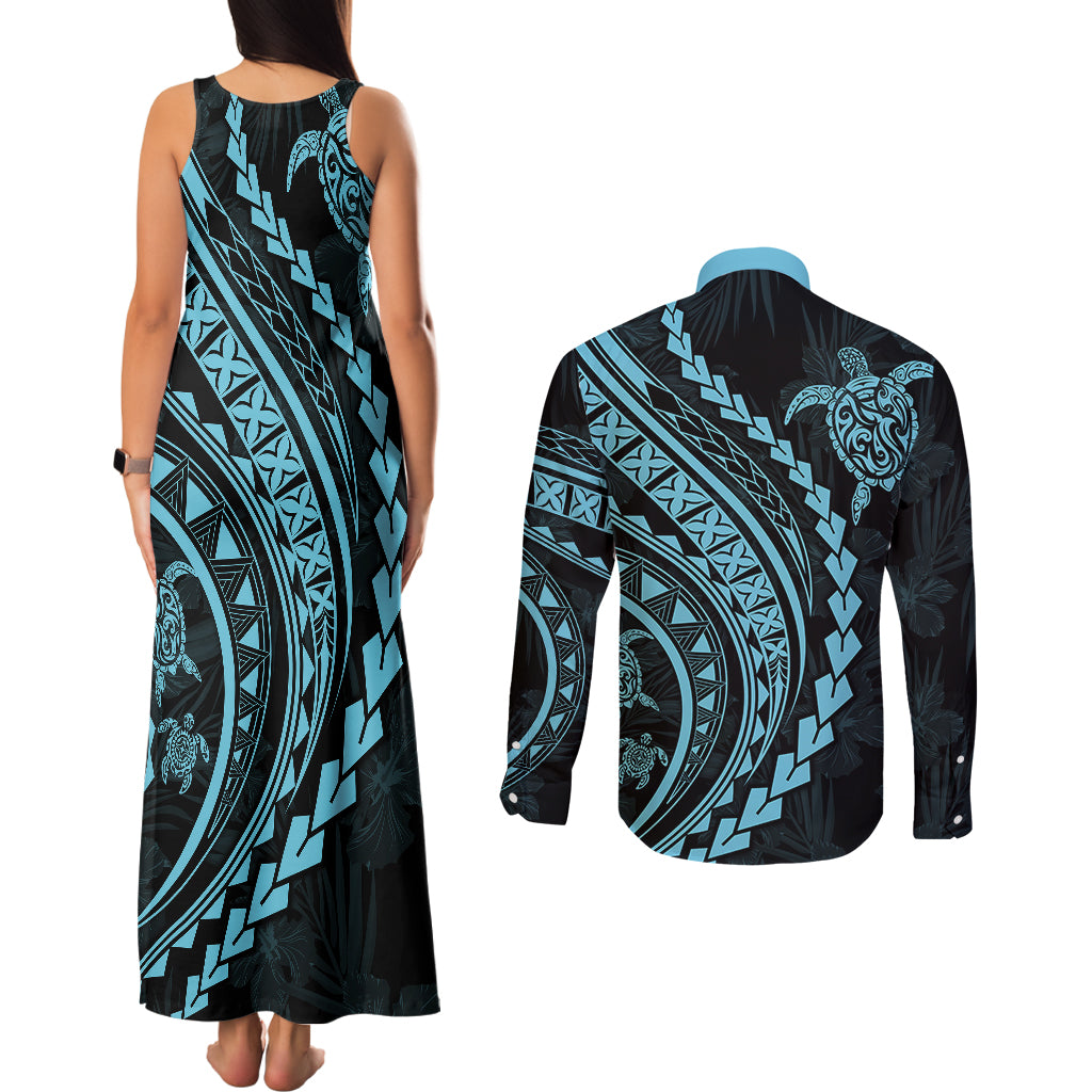 Polynesian Pride Couples Matching Tank Maxi Dress and Long Sleeve Button Shirts Turtle Hibiscus Luxury Style - Aquamarine LT7 - Polynesian Pride