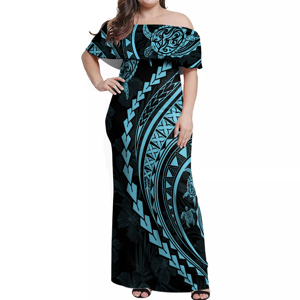 Polynesian Pride Off Shoulder Maxi Dress Turtle Hibiscus Luxury Style - Aquamarine LT7 Women Aquamarine - Polynesian Pride
