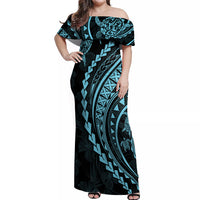 Polynesian Pride Off Shoulder Maxi Dress Turtle Hibiscus Luxury Style - Aquamarine LT7 Women Aquamarine - Polynesian Pride