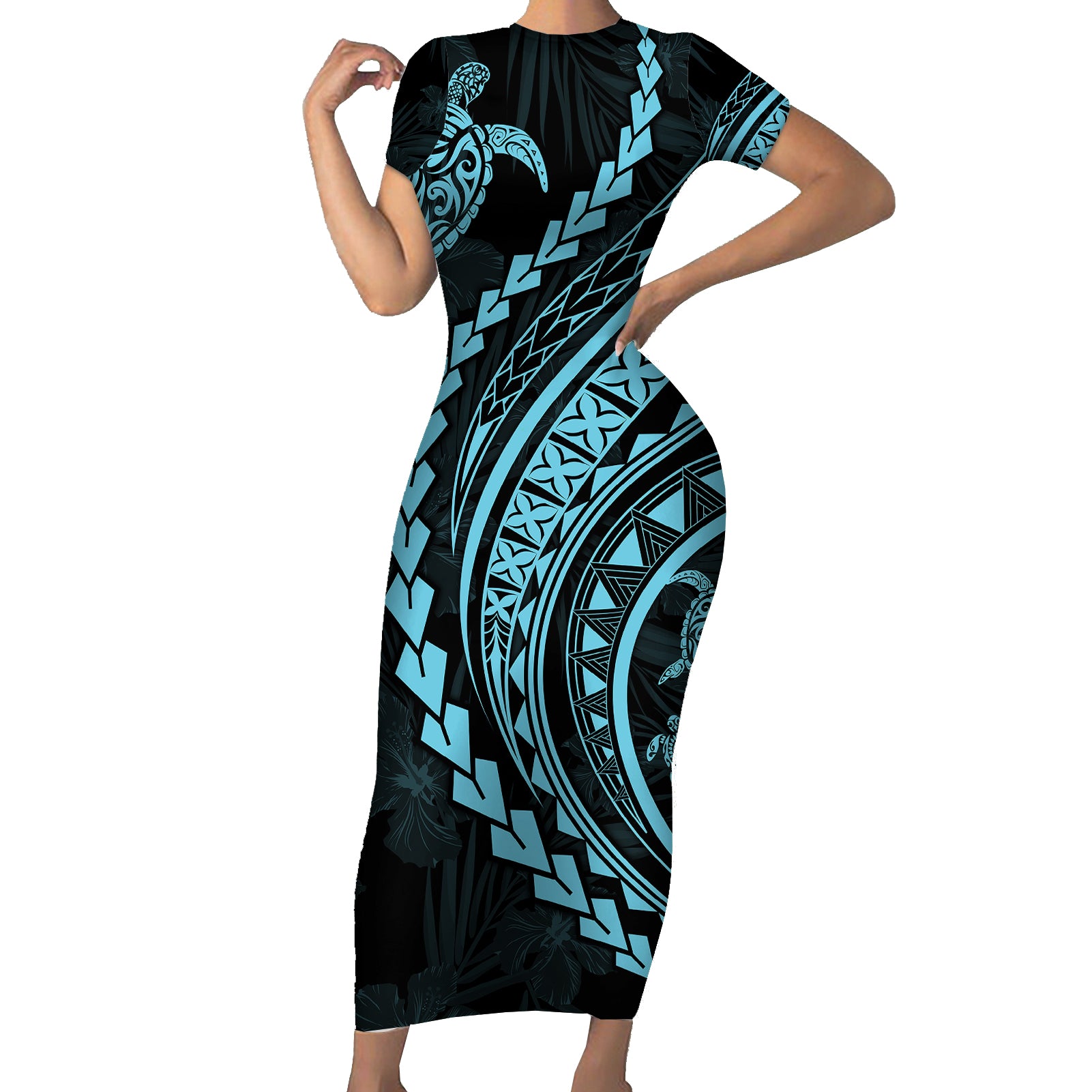 Polynesian Pride Short Sleeve Bodycon Dress Turtle Hibiscus Luxury Style - Aquamarine LT7 Long Dress Aquamarine - Polynesian Pride