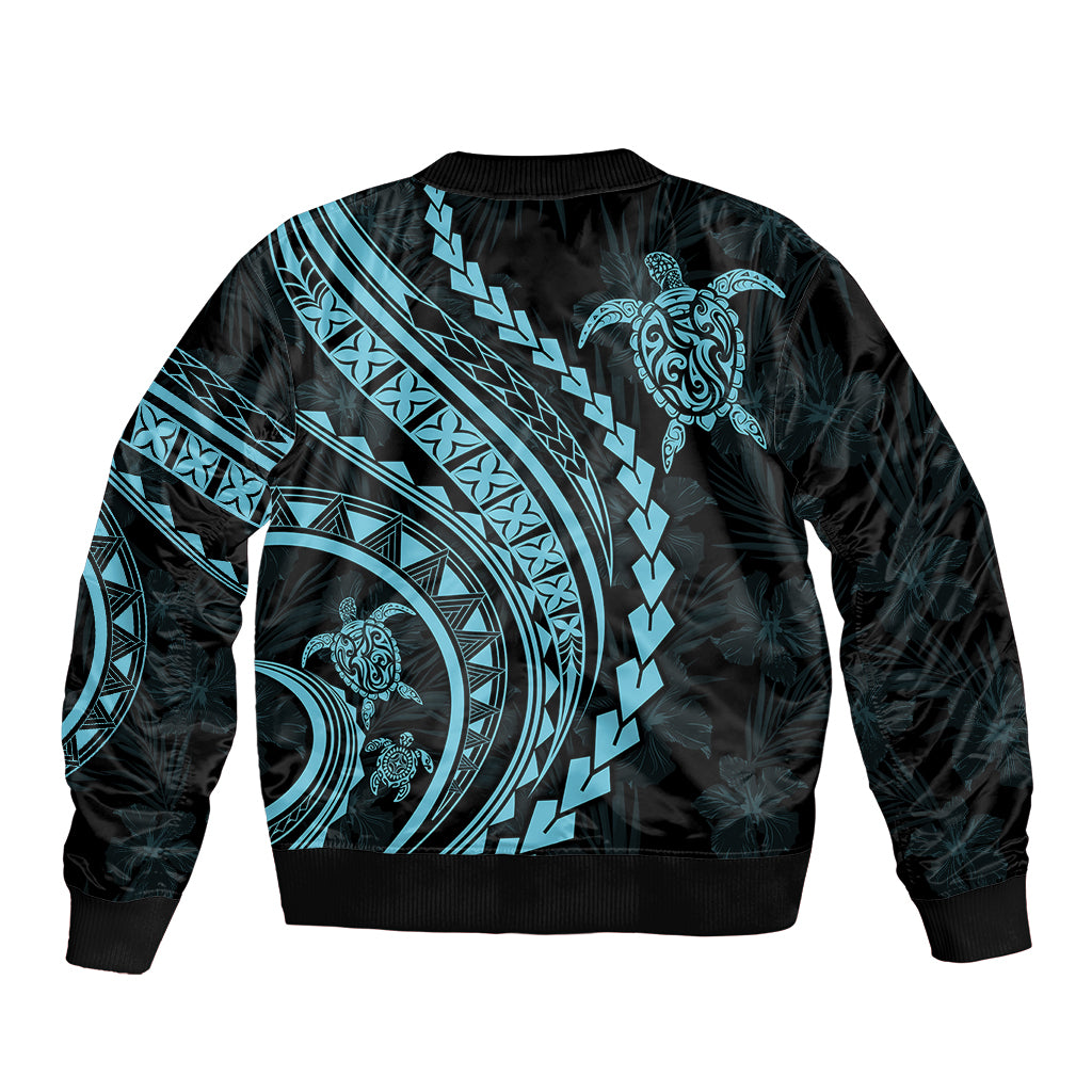 Polynesian Pride Sleeve Zip Bomber Jacket Turtle Hibiscus Luxury Style - Aquamarine LT7 - Polynesian Pride