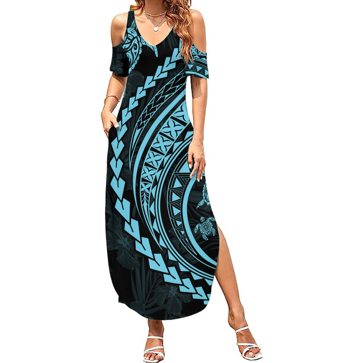Polynesian Pride Summer Maxi Dress Turtle Hibiscus Luxury Style - Aquamarine LT7 Women Aquamarine - Polynesian Pride
