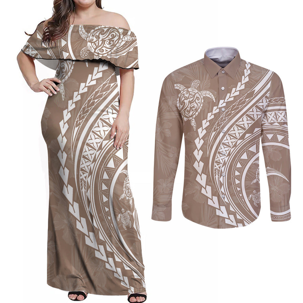 Polynesian Pride Couples Matching Off Shoulder Maxi Dress and Long Sleeve Button Shirts Turtle Hibiscus Luxury Style - Beige LT7 Beige - Polynesian Pride