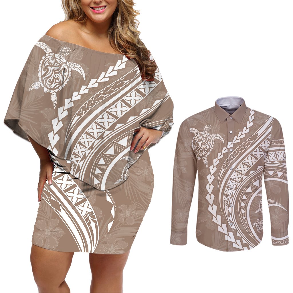 Polynesian Pride Couples Matching Off Shoulder Short Dress and Long Sleeve Button Shirts Turtle Hibiscus Luxury Style - Beige LT7 Beige - Polynesian Pride