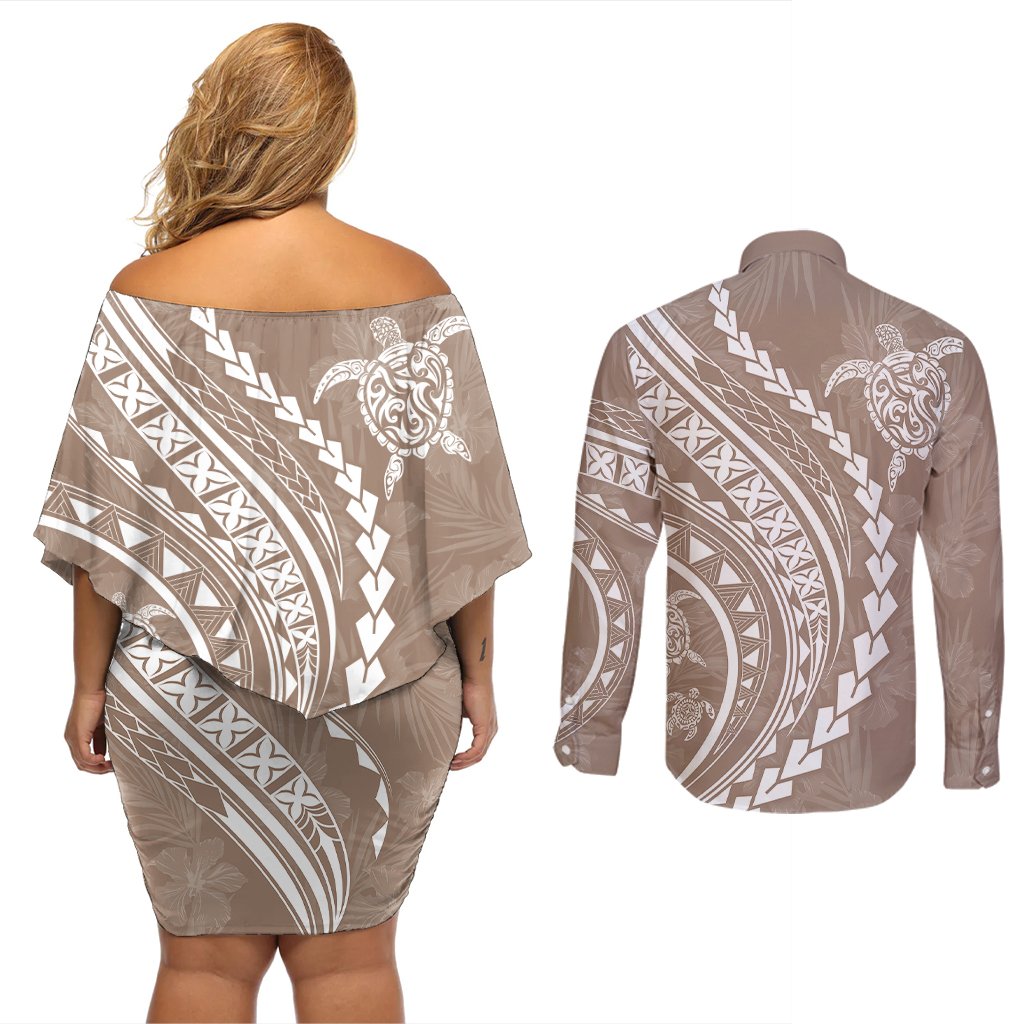 Polynesian Pride Couples Matching Off Shoulder Short Dress and Long Sleeve Button Shirts Turtle Hibiscus Luxury Style - Beige LT7 - Polynesian Pride