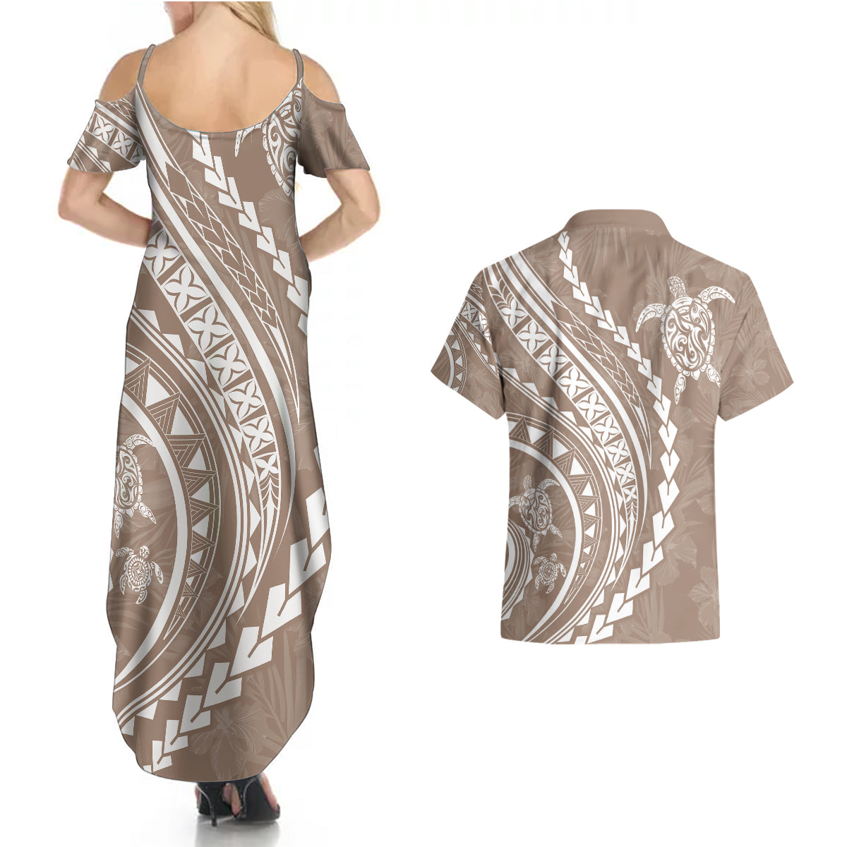 Polynesian Pride Couples Matching Summer Maxi Dress and Hawaiian Shirt Turtle Hibiscus Luxury Style - Beige LT7 - Polynesian Pride