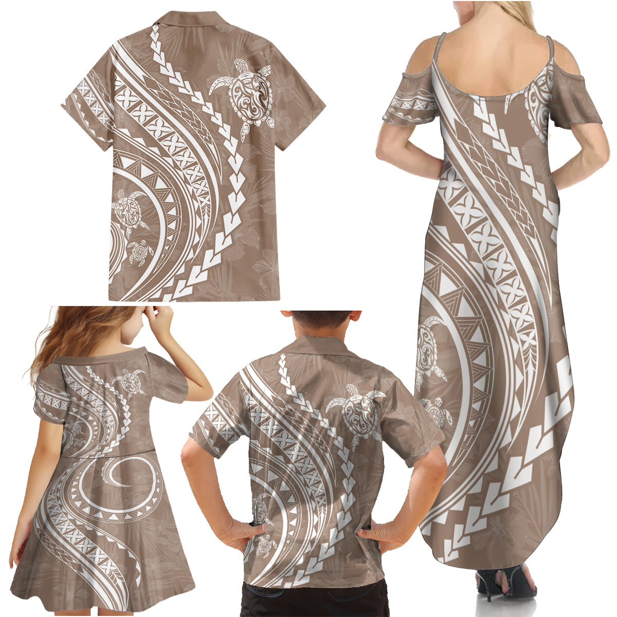 Hawaii Family Matching Outfits Polynesian Pride Summer Maxi Dress And Shirt Family Set Clothes Turtle Hibiscus Luxury Style - Beige LT7