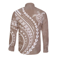 Polynesian Pride Long Sleeve Button Shirt Turtle Hibiscus Luxury Style - Beige LT7 - Polynesian Pride