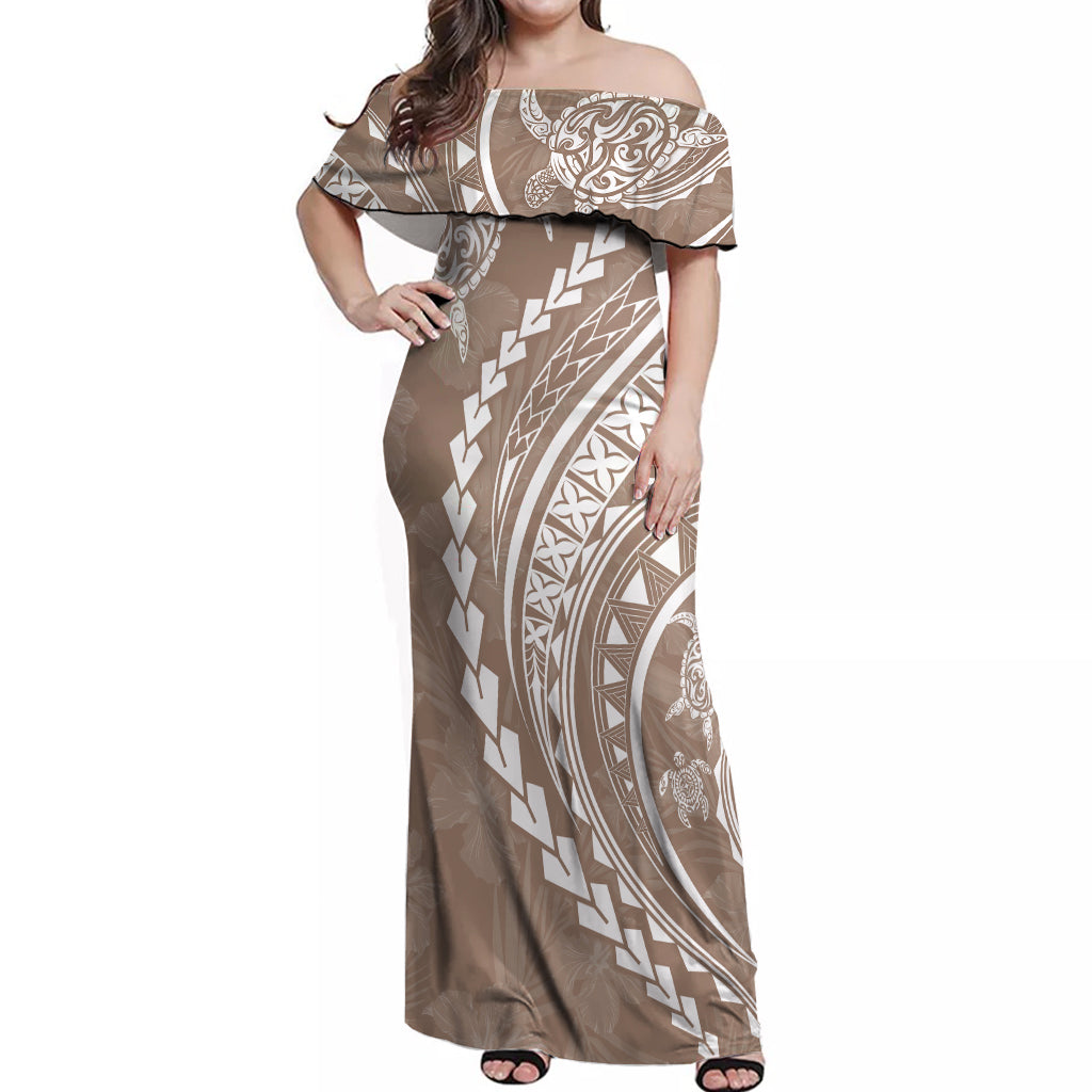 Polynesian Pride Off Shoulder Maxi Dress Turtle Hibiscus Luxury Style - Beige LT7 Women Beige - Polynesian Pride