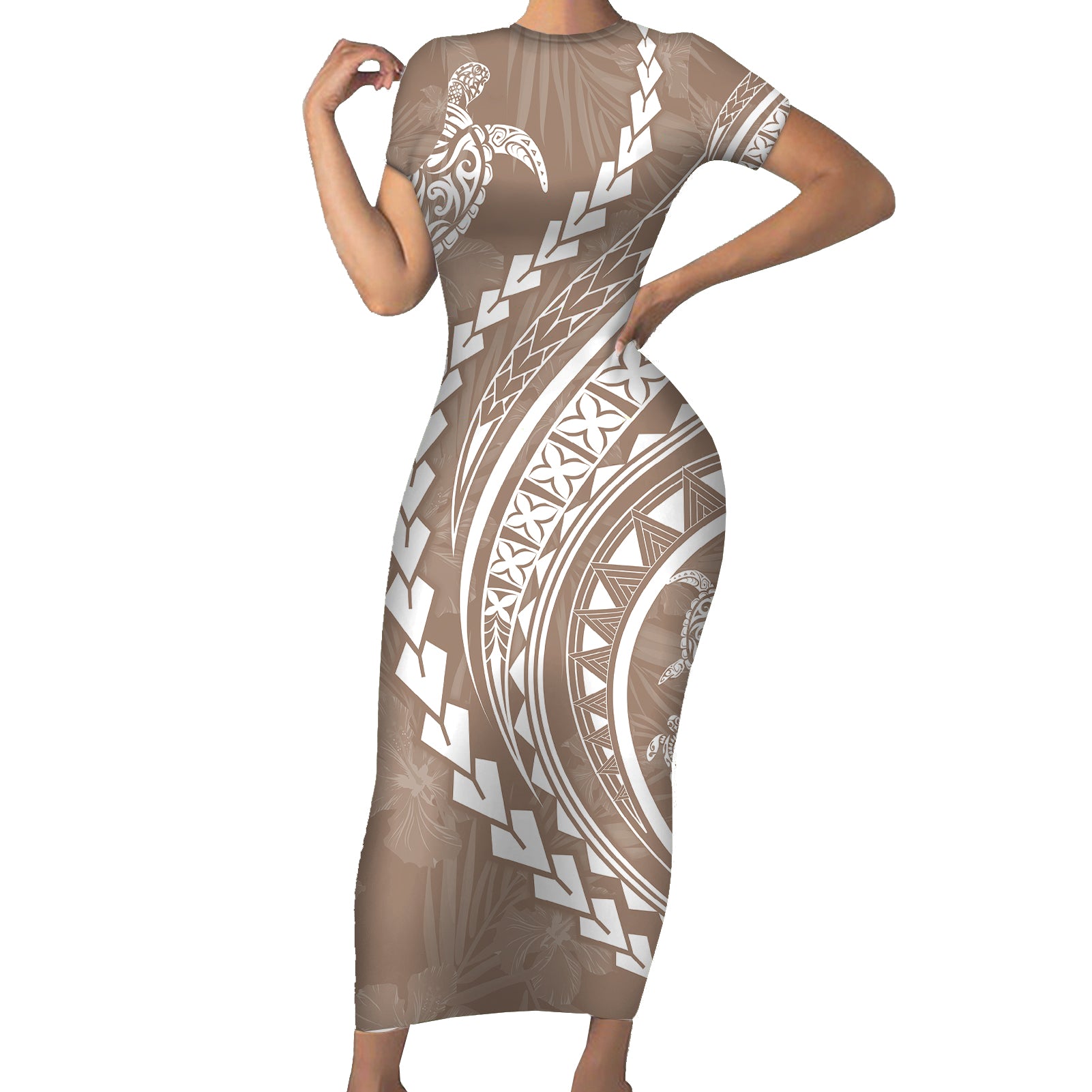 Polynesian Pride Short Sleeve Bodycon Dress Turtle Hibiscus Luxury Style - Beige LT7 Long Dress Beige - Polynesian Pride