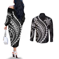Polynesian Pride Couples Matching Off The Shoulder Long Sleeve Dress and Long Sleeve Button Shirts Turtle Hibiscus Luxury Style - Black LT7 - Polynesian Pride