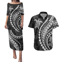 Polynesian Pride Couples Matching Puletasi Dress and Hawaiian Shirt Turtle Hibiscus Luxury Style - Black LT7 Black - Polynesian Pride
