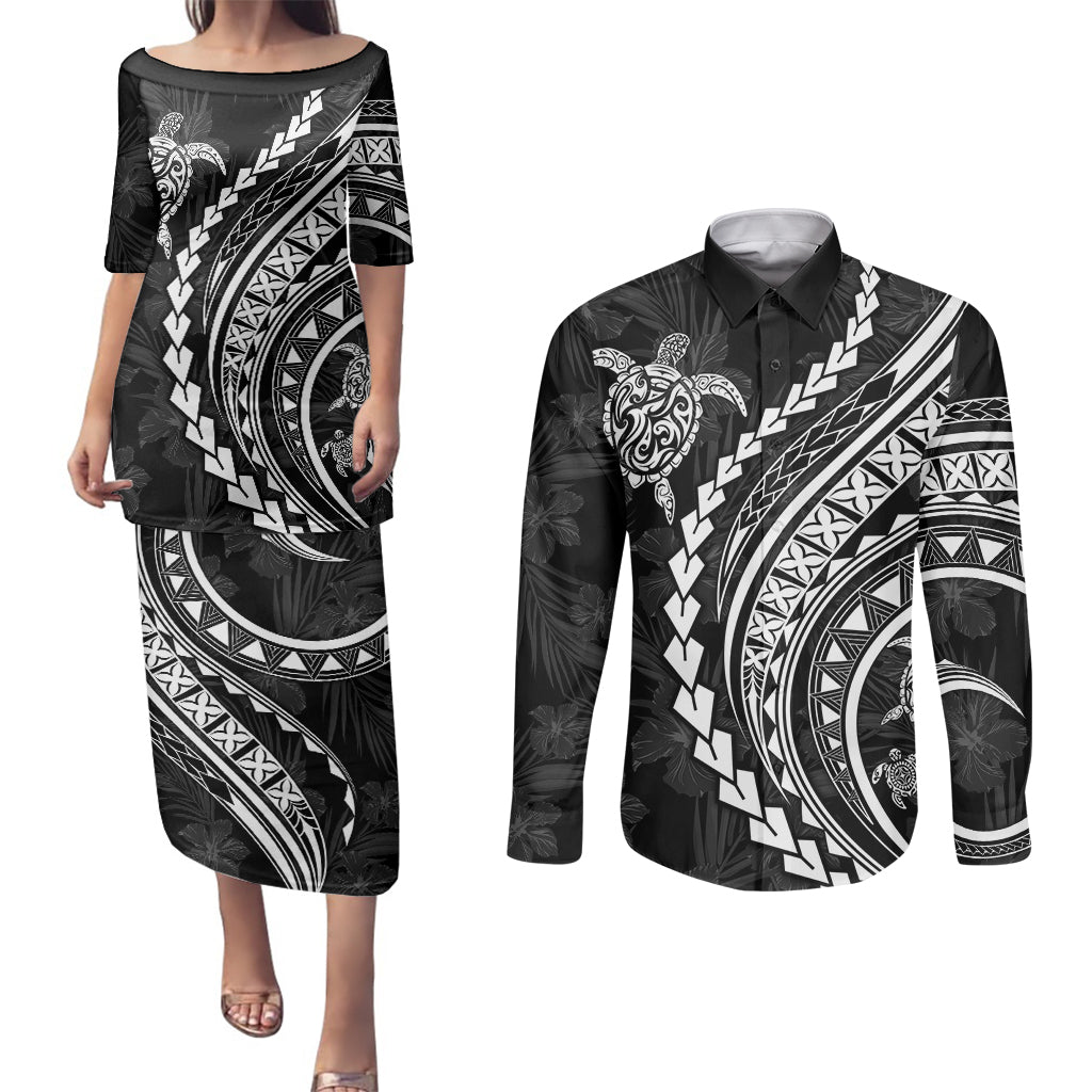 Polynesian Pride Couples Matching Puletasi Dress and Long Sleeve Button Shirts Turtle Hibiscus Luxury Style - Black LT7 Black - Polynesian Pride