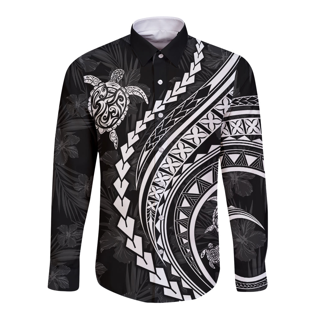 Polynesian Pride Long Sleeve Button Shirt Turtle Hibiscus Luxury Style - Black LT7 Unisex Black - Polynesian Pride