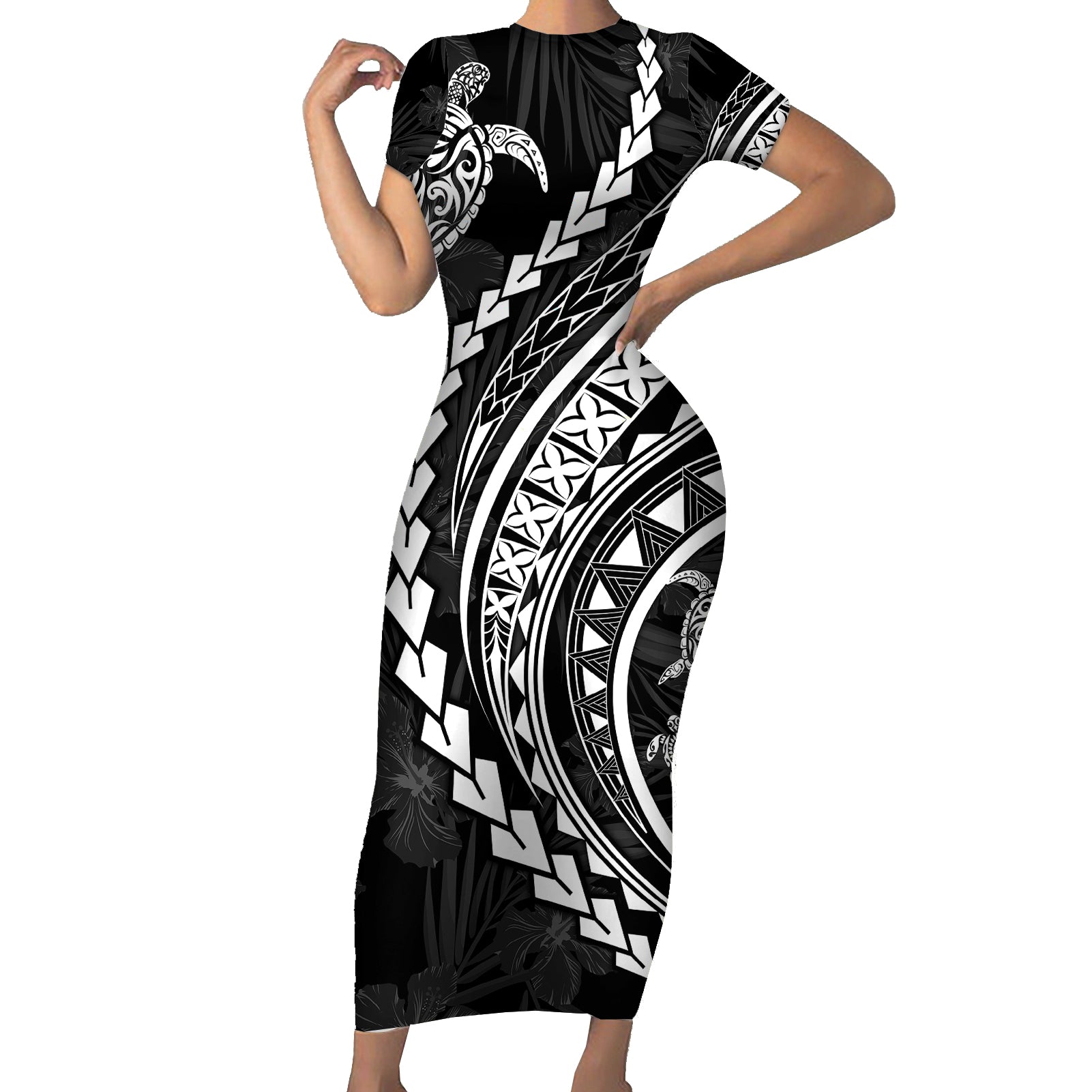 Polynesian Pride Short Sleeve Bodycon Dress Turtle Hibiscus Luxury Style - Black LT7 Long Dress Black - Polynesian Pride