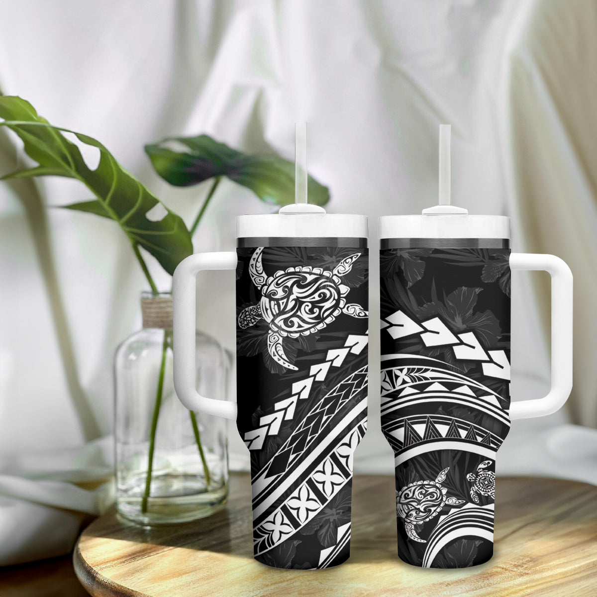 Polynesian Pride Tumbler With Handle Turtle Hibiscus Luxury Style - Black